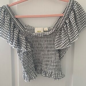 Anthropologie Black & White Gingham Smocked Off-Shoulder Crop Top